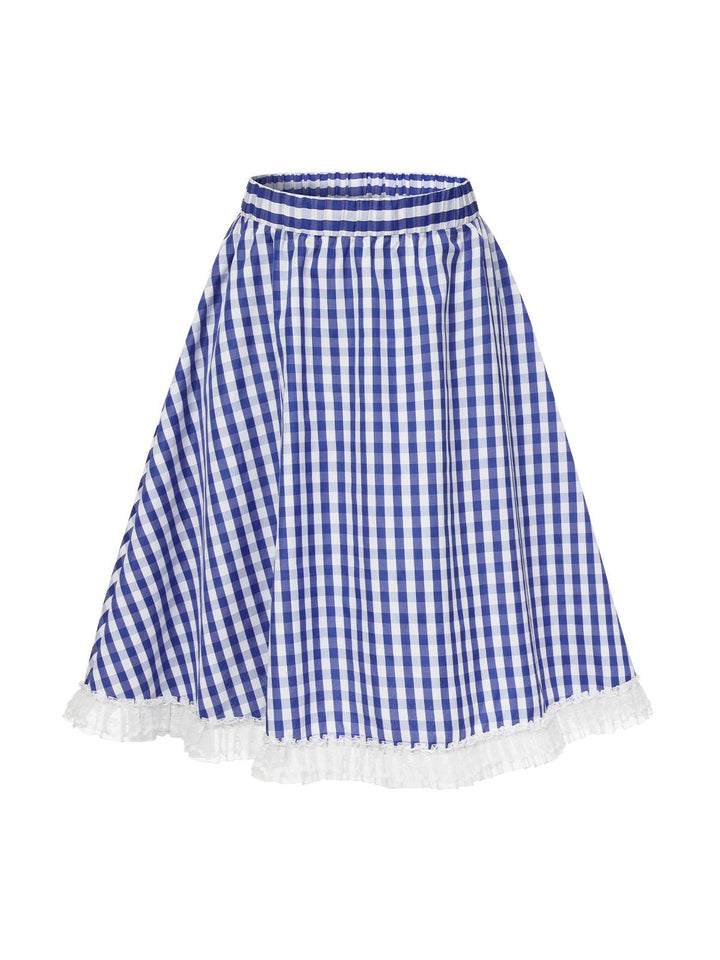 Blue &amp; White 1950s Lace Patchwork Plaid Skirt, vintage skirt, retro style - perfect for women who love vintage and retro fashion