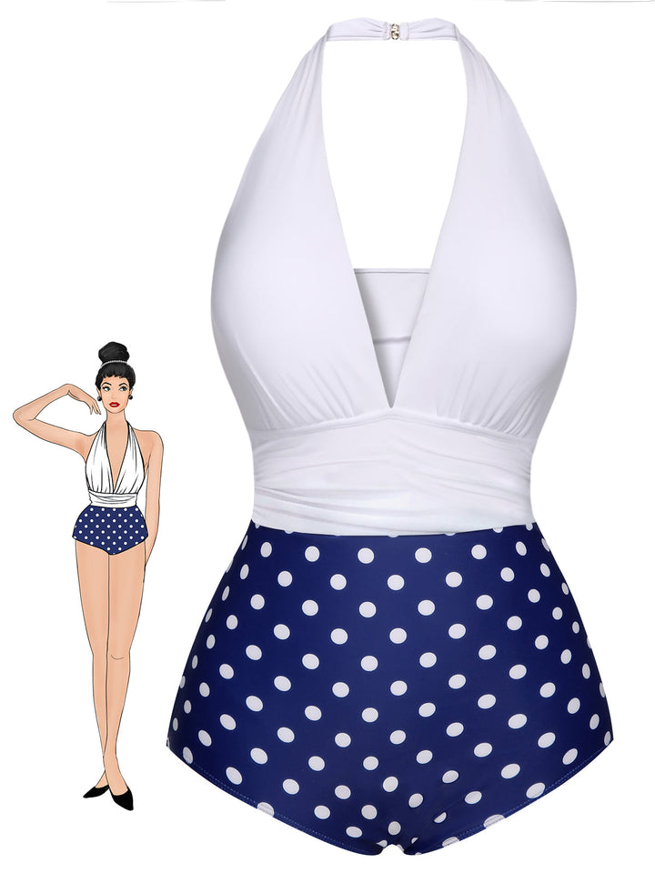Blue &amp; White Polka Dots Halter Swimsuit, vintage swimsuit, swimwear - perfect for women who love vintage and retro fashion