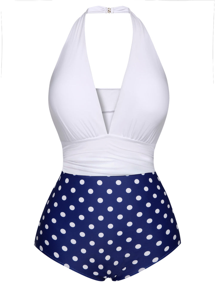 Blue &amp; White Polka Dots Halter Swimsuit, vintage swimsuit, swimwear - perfect for women who love vintage and retro fashion