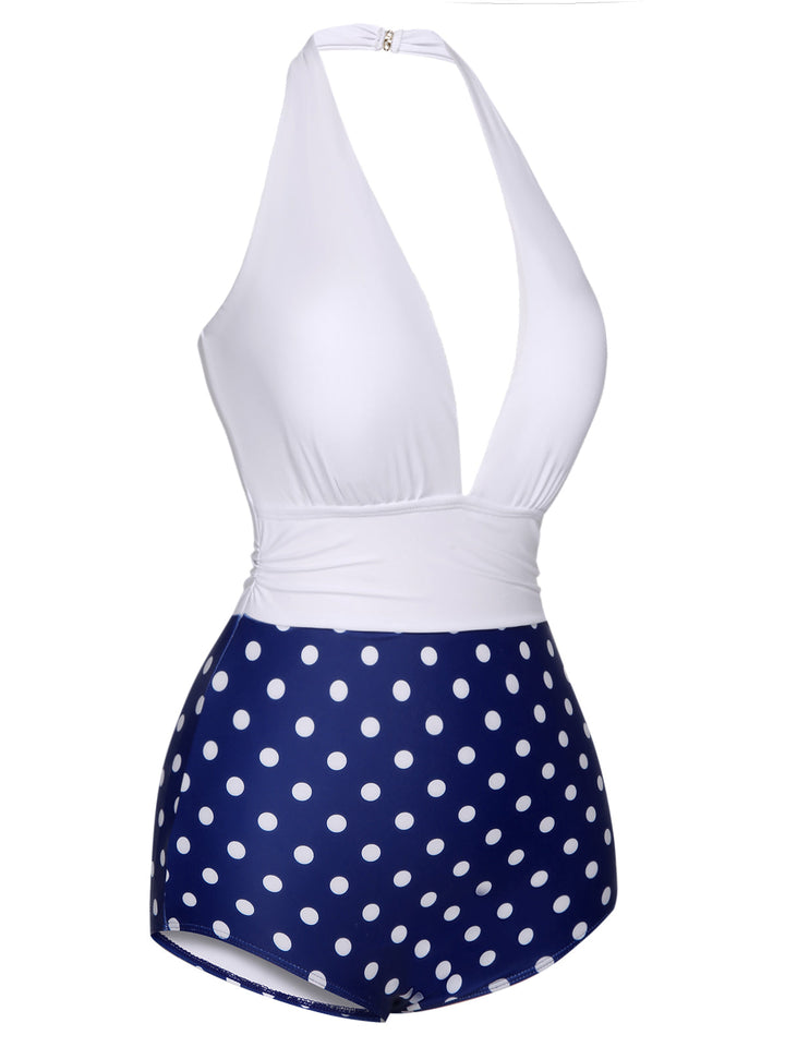 Blue &amp; White Polka Dots Halter Swimsuit, vintage swimsuit, swimwear - perfect for women who love vintage and retro fashion
