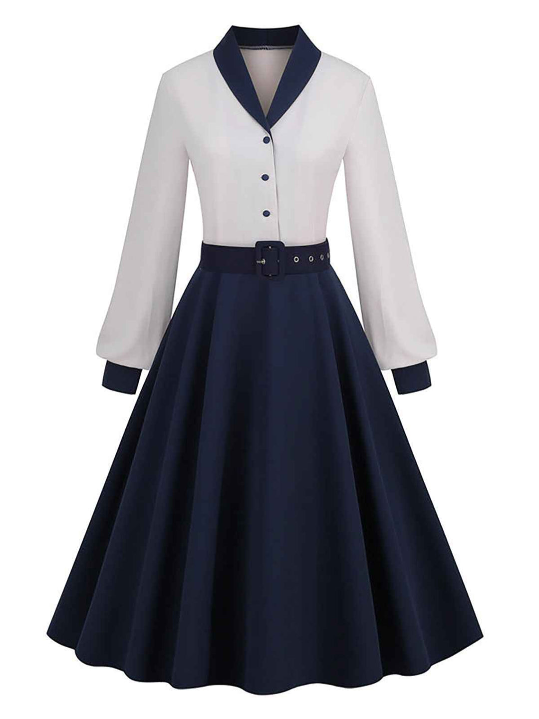 Blue &amp; White 1950s Solid Patchwork Dress — vintage elegance for the modern woman