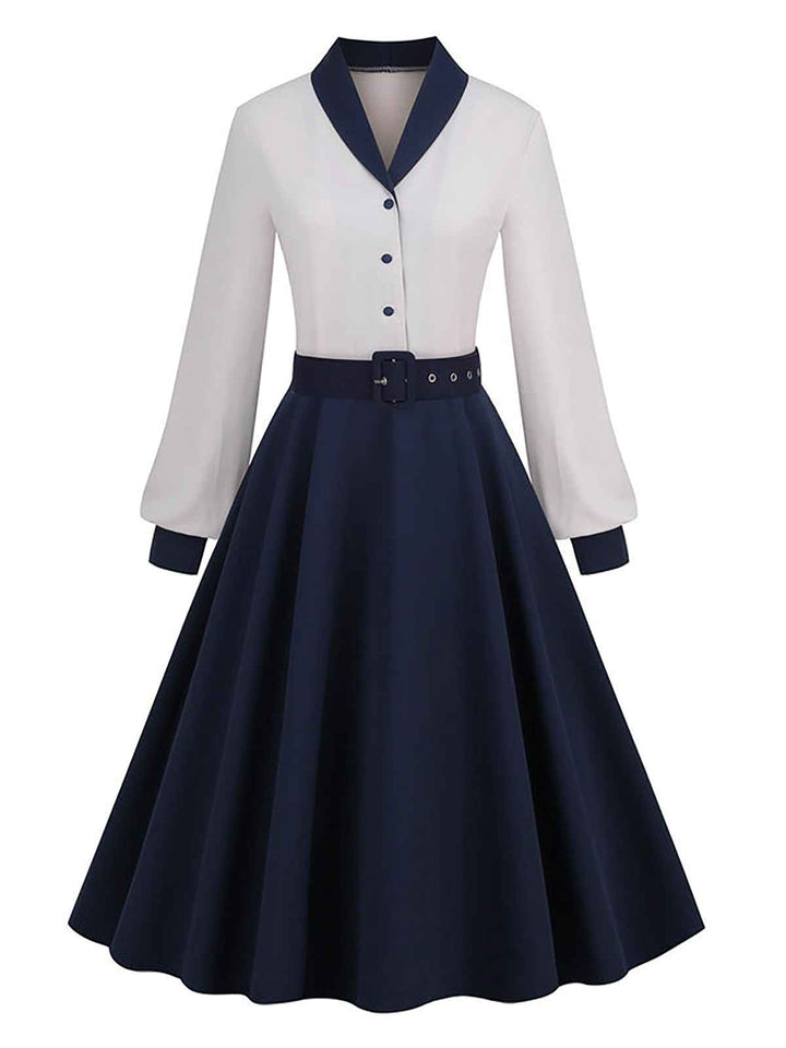 Blue &amp; White 1950s Solid Patchwork Dress — vintage elegance for the modern woman