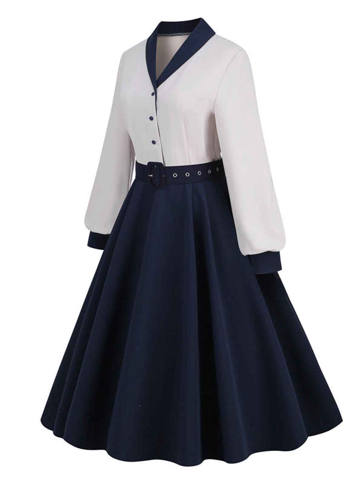 Blue &amp; White 1950s Solid Patchwork Dress: timeless style reimagined