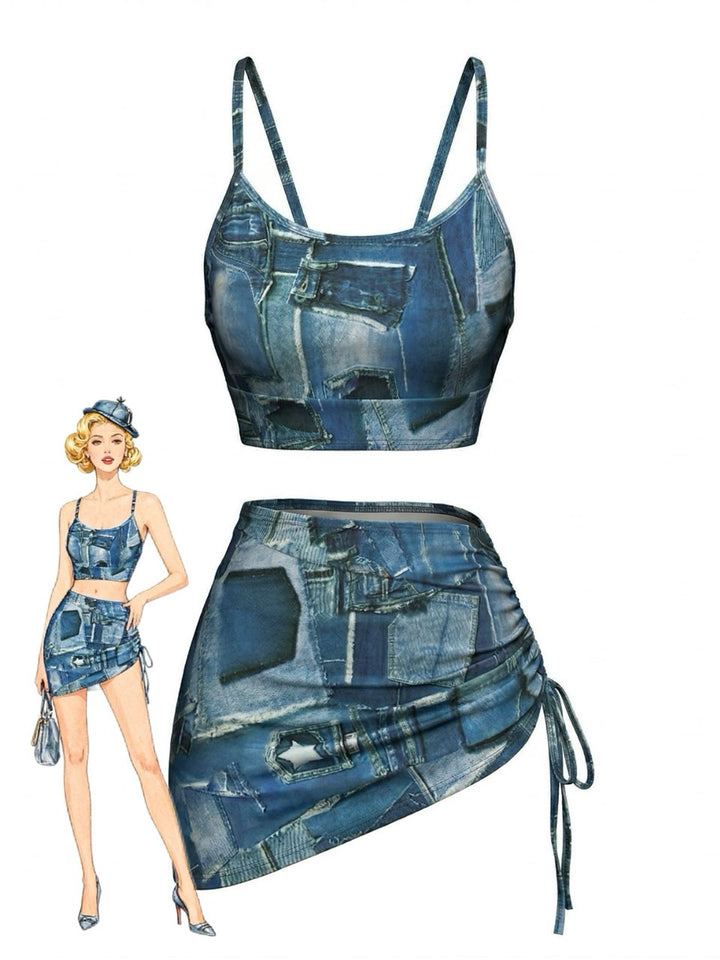 Blue Y2K Denim Patchwork Print Drawstring Bikini Set &amp; Cover-up - vintage fashion, retro style
