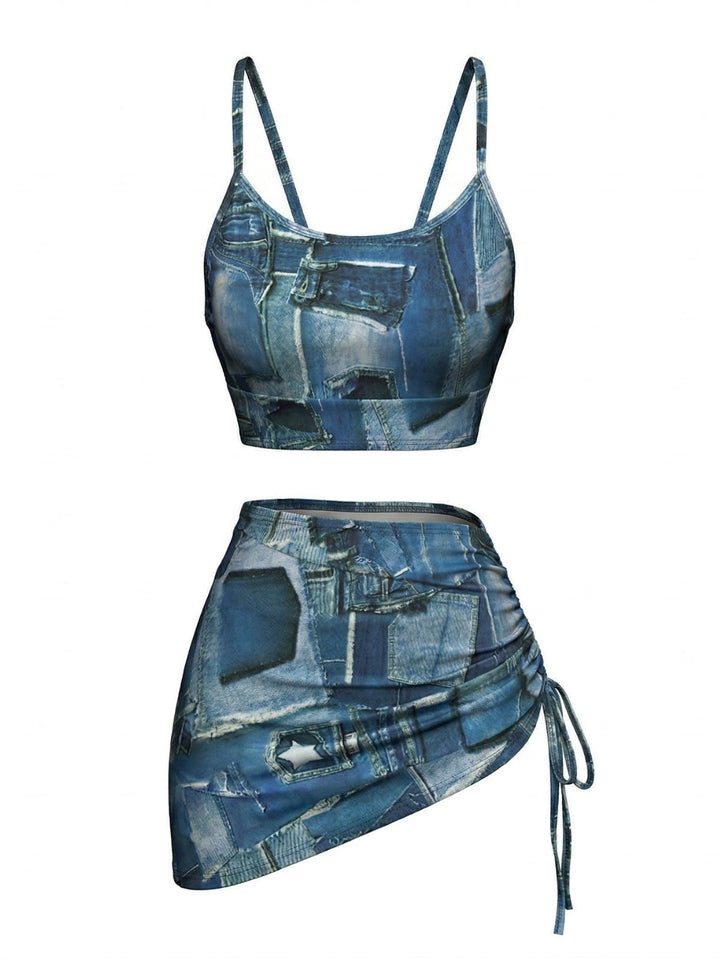 Blue Y2K Denim Patchwork Print Drawstring Bikini Set &amp; Cover-up - vintage fashion, retro style