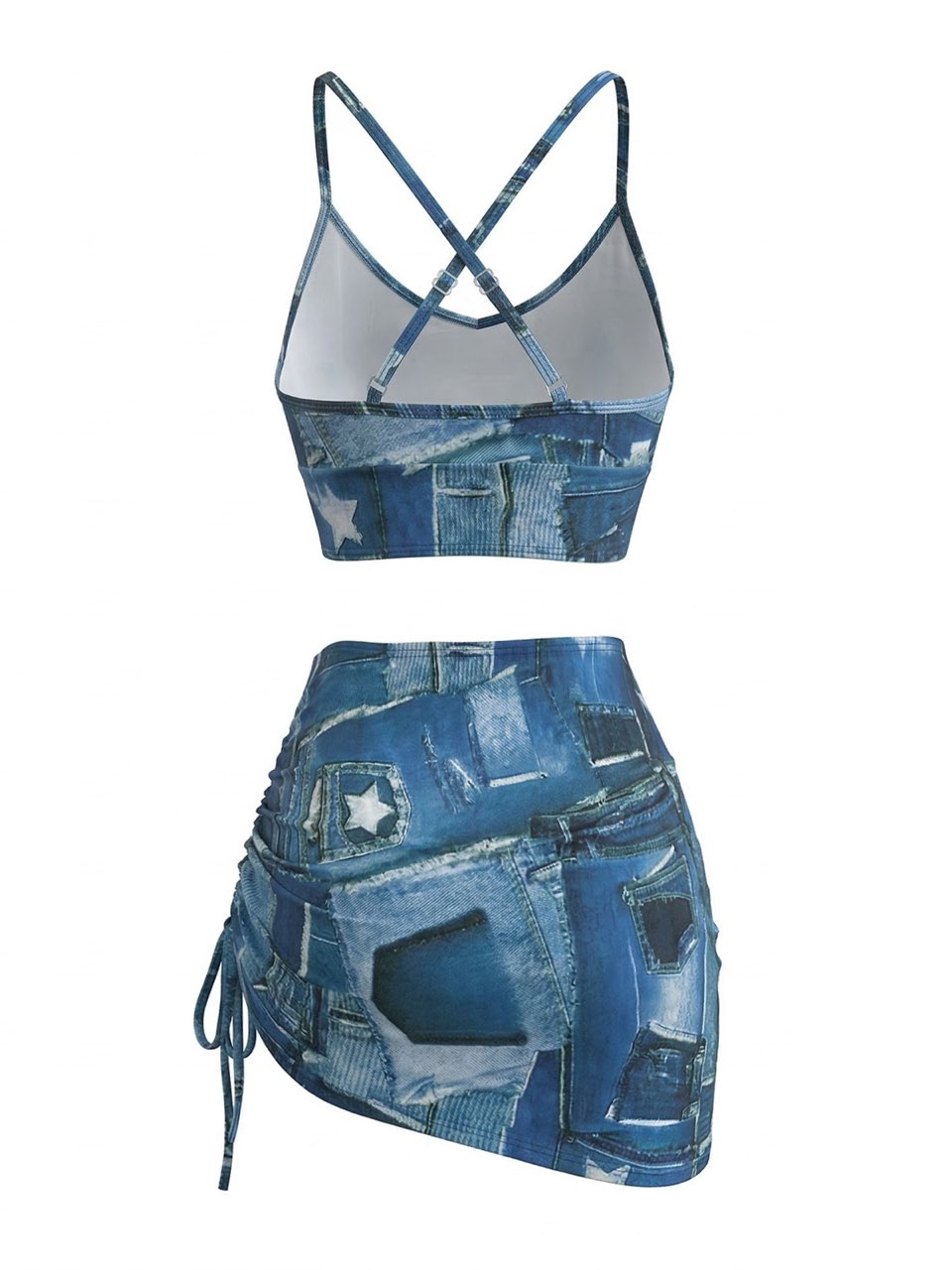 Blue Y2K Denim Patchwork Print Drawstring Bikini Set &amp; Cover-up - vintage fashion, retro style