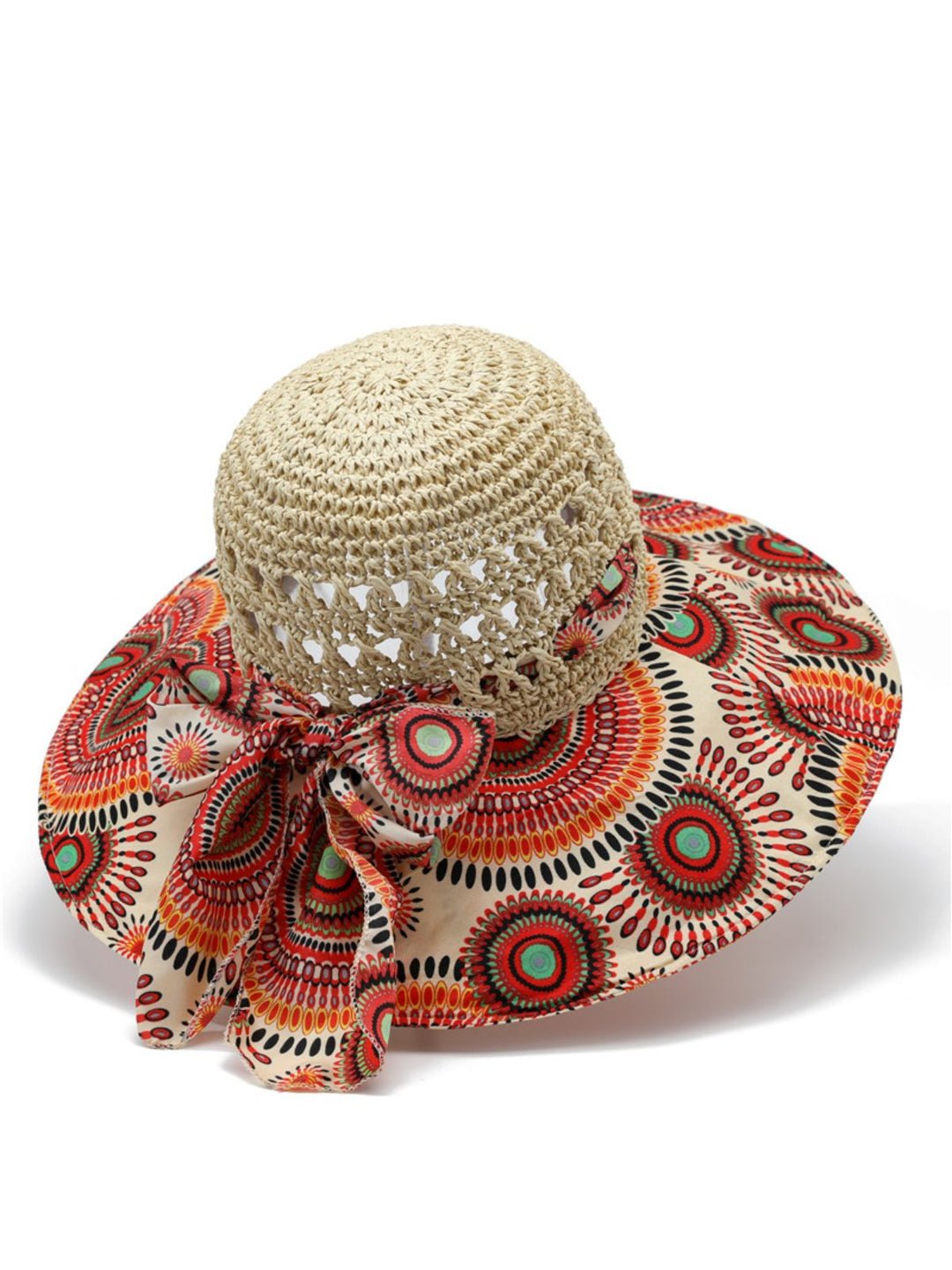 Bohemian Mandala Print Crochet Straw Bow Sun Hat - vintage fashion, retro style