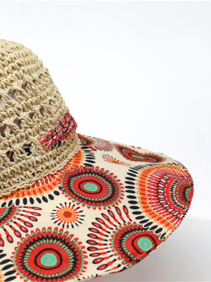 Bohemian Mandala Print Crochet Straw Bow Sun Hat - vintage fashion, retro style