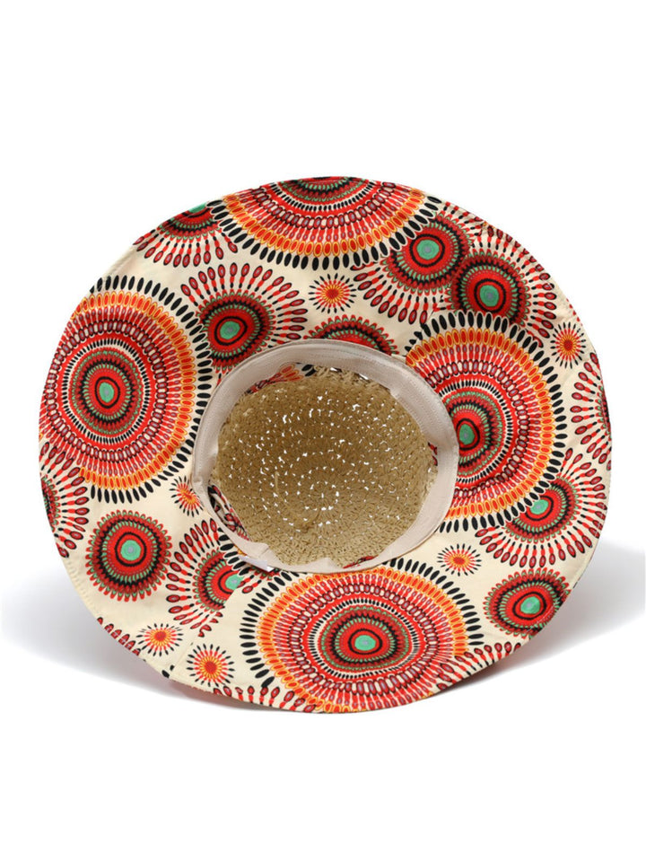 Bohemian Mandala Print Crochet Straw Bow Sun Hat - vintage fashion, retro style