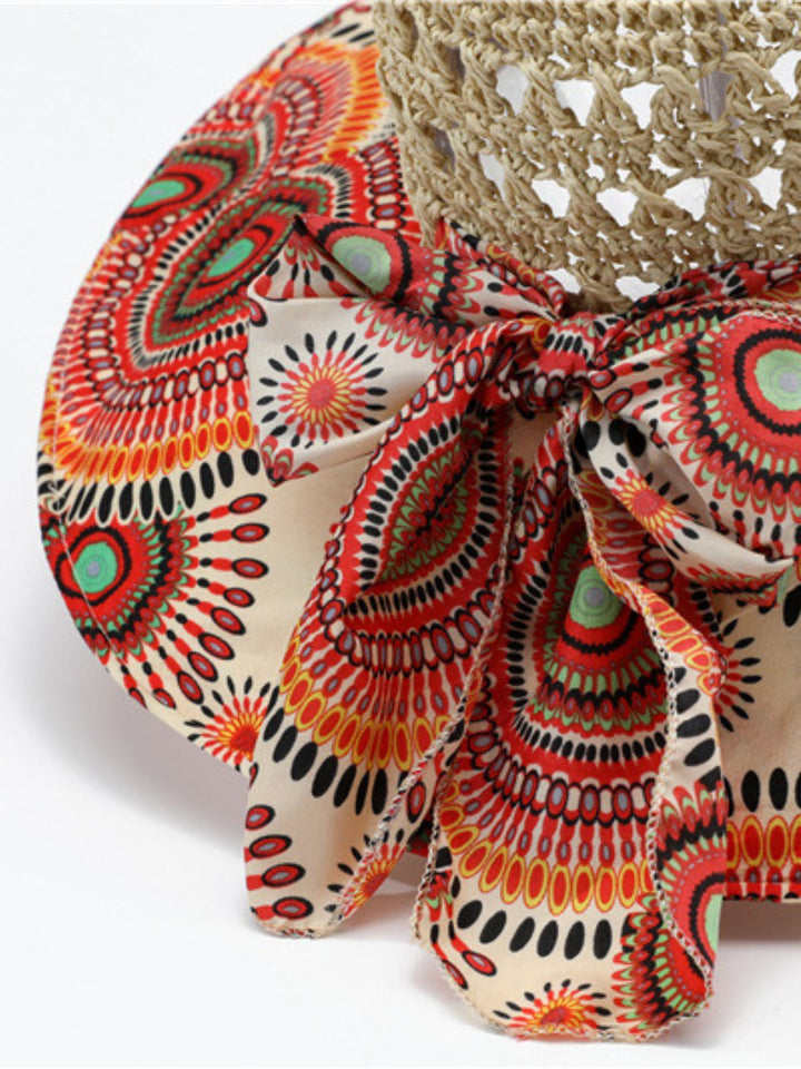 Bohemian Mandala Print Crochet Straw Bow Sun Hat - vintage fashion, retro style