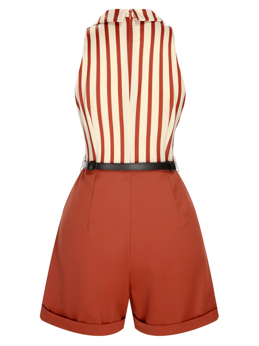 Brick Red 1940s Striped Lapel Romper, vintage romper, retro jumpsuit - perfect for women who love vintage and retro fashion