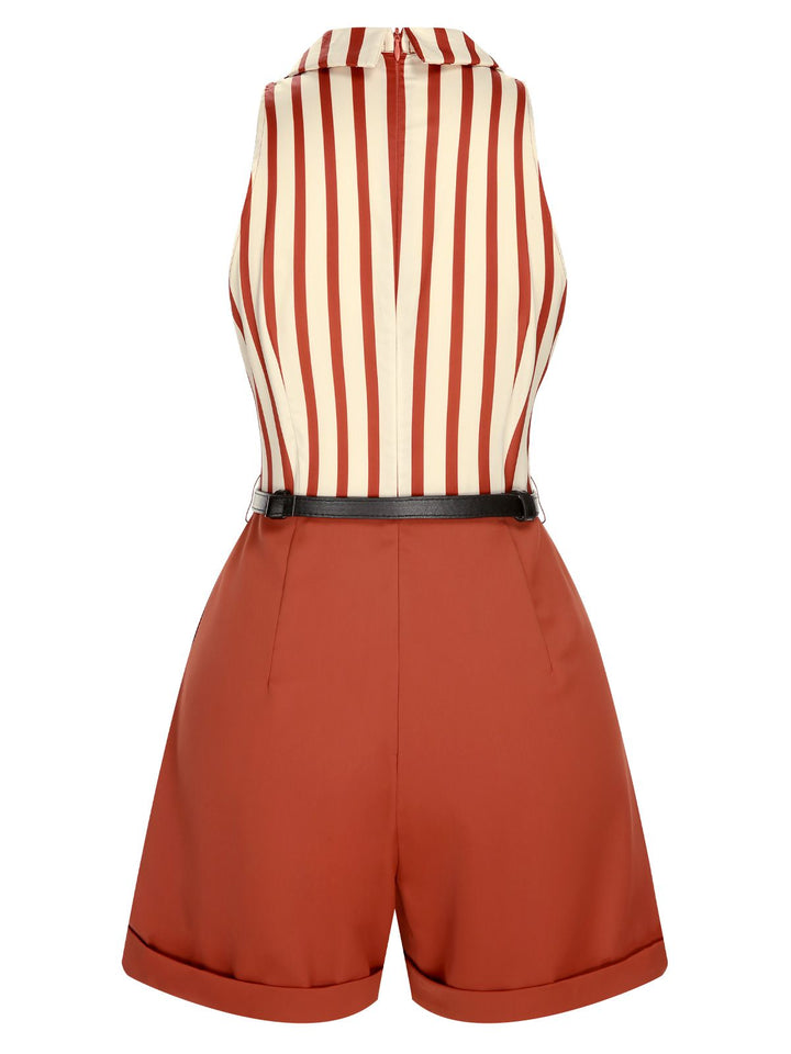 Brick Red 1940s Striped Lapel Romper, vintage romper, retro jumpsuit - perfect for women who love vintage and retro fashion