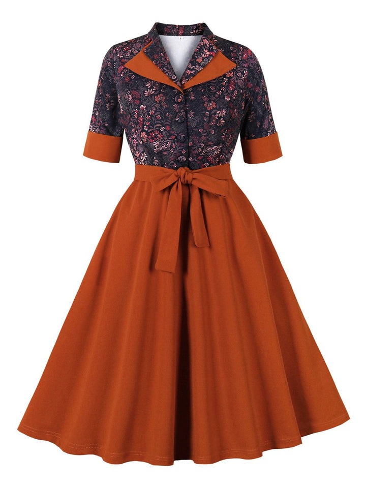 Brick Red 1950s Lapel Floral Patchwork Dress - vintage dress, retro fashion, rockabilly