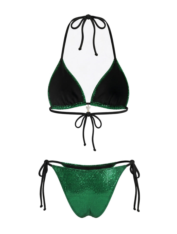 Bright Green 1980s Sequin Halter String Bikini Set - vintage fashion, retro style