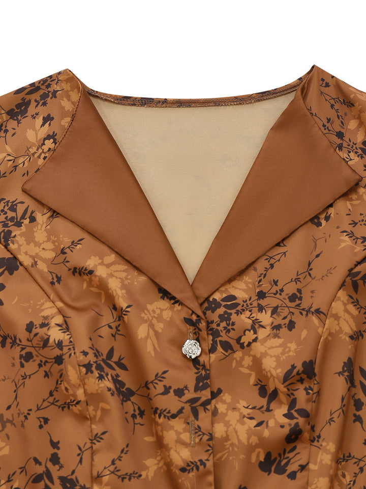 Brown 1930s Ditsy Floral Lapel Maxi Dress - vintage dress, retro fashion