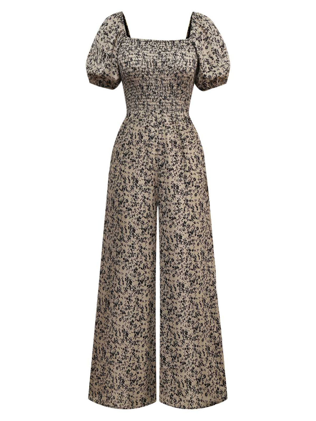 Brown 1930s Ditsy Floral Puff Sleeve Jumpsuit - vintage jumpsuit, retro fashion