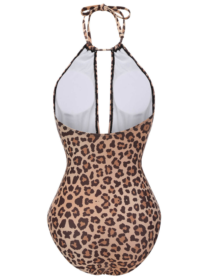 Brown 1930s Leopard V-Neck Halter Swimsuit, vintage swimsuit, pin-up swimwear - perfect for women who love vintage and retro fashion