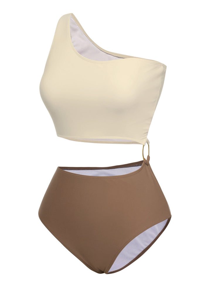Brown 1930s Metal Button One-Shoulder Swimsuit: 1930s Riviera elegance, reimagined for her