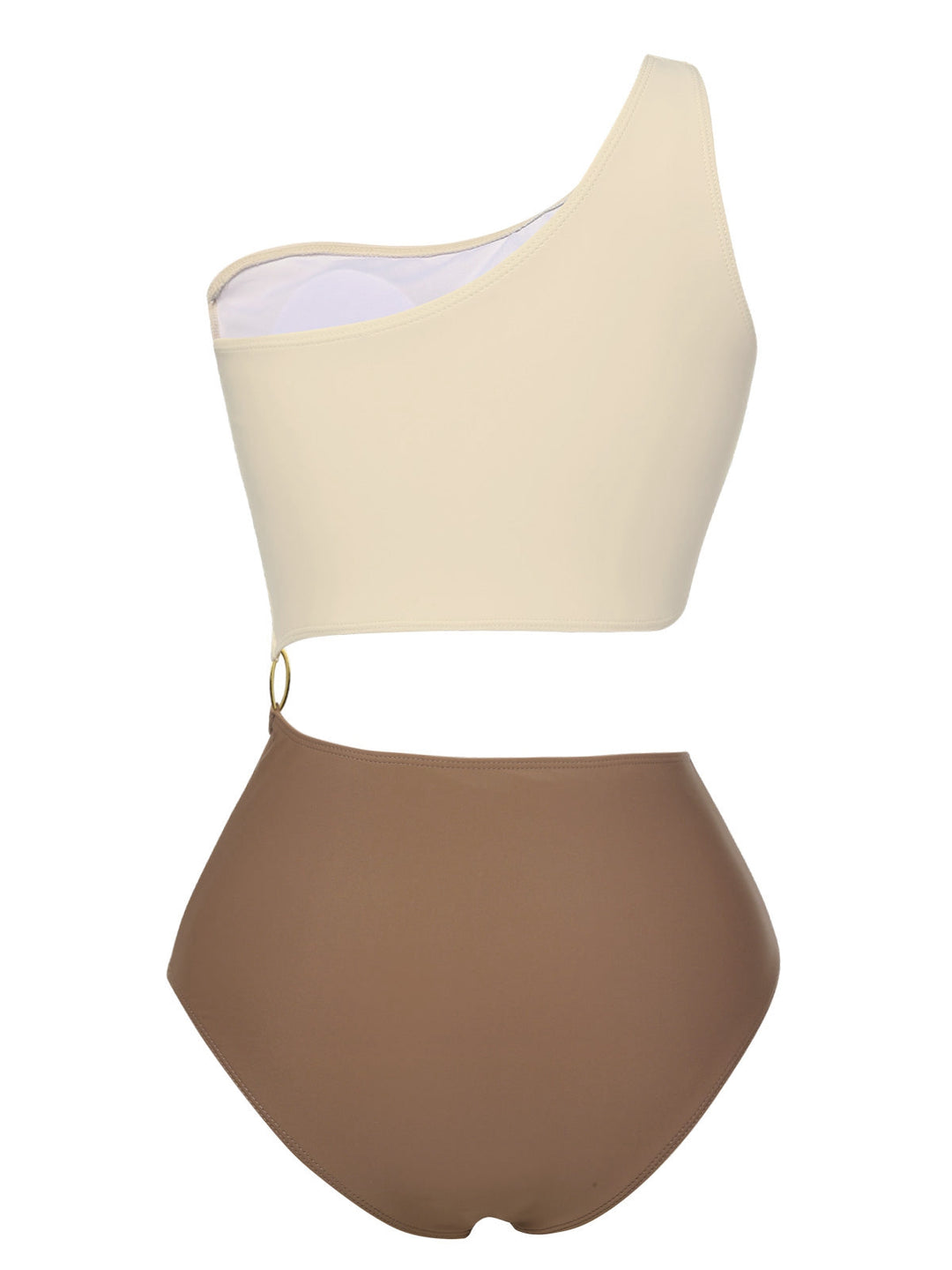 This Brown 1930s Metal Button One-Shoulder Swimsuit carries 1930s vacation dreams in every stitch