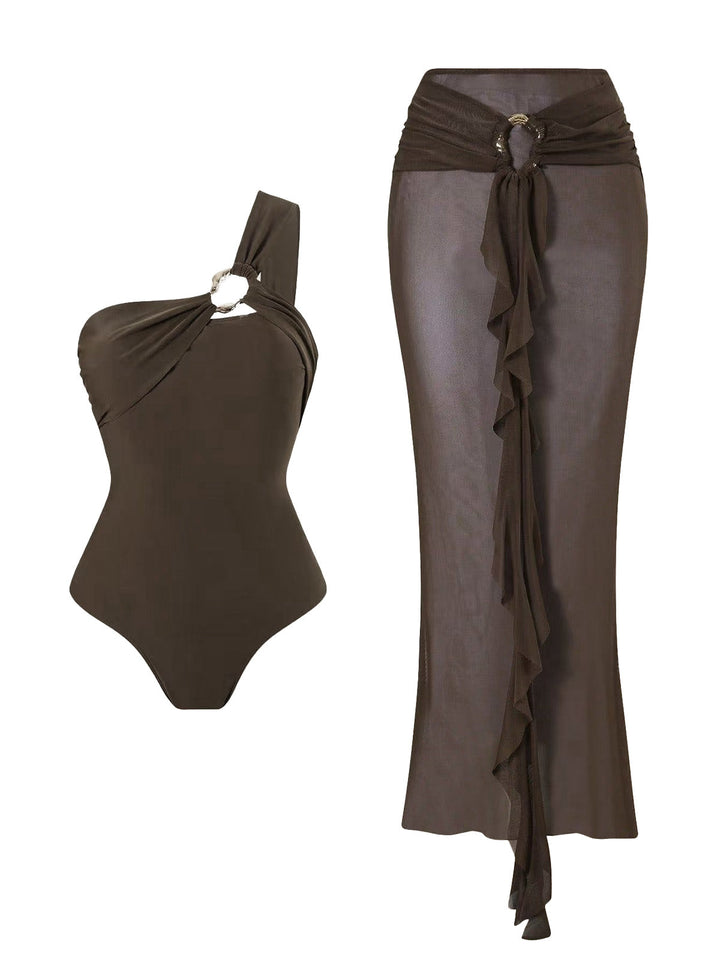 Brown Mesh Sheer One Piece Bikini Set