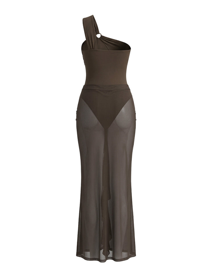 Brown Mesh Sheer One Piece Bikini Set 2