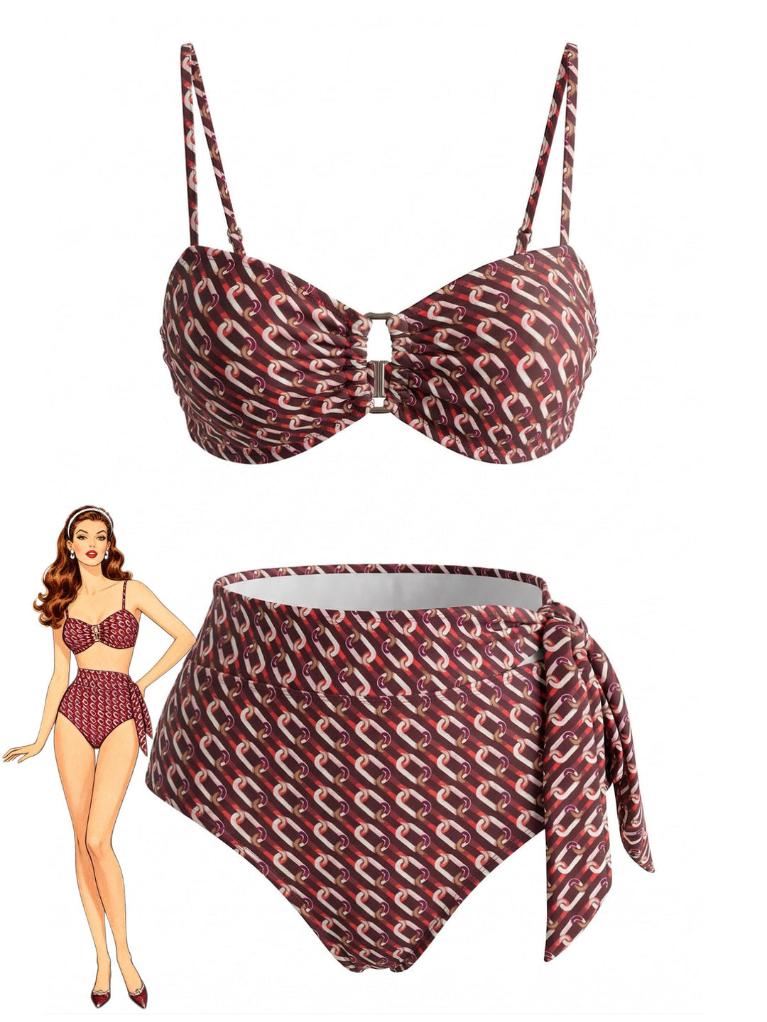 Brown--Chain-Print-High-Waist-Bikini-Set, vintage, retro, swimwear