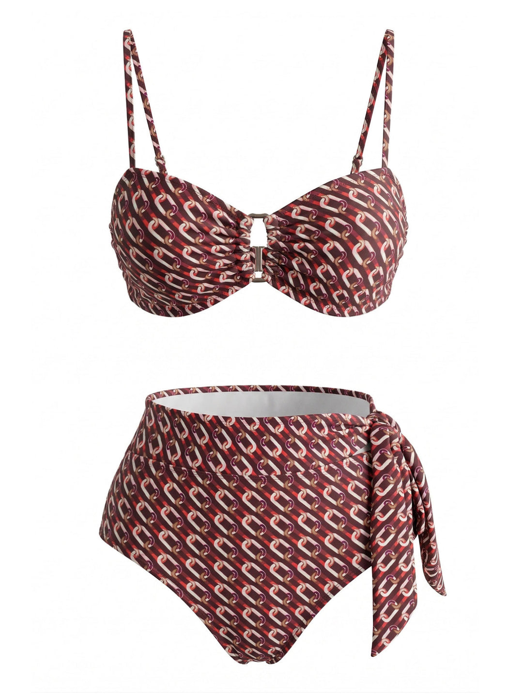 Brown--Chain-Print-High-Waist-Bikini-Set, vintage, retro, swimwear