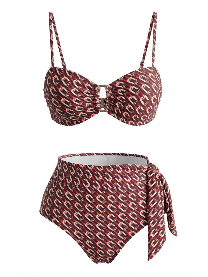 Brown--Chain-Print-High-Waist-Bikini-Set, vintage, retro, swimwear