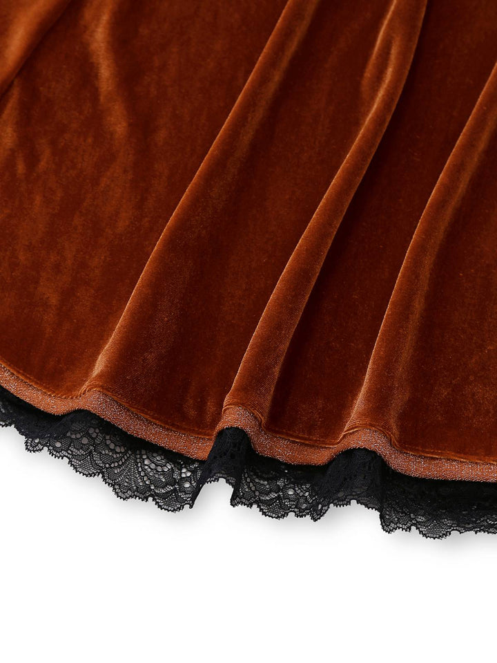 Brown 1940s Lapel Velvet Mock Two-Piece Solid Dress - vintage dress, retro fashion