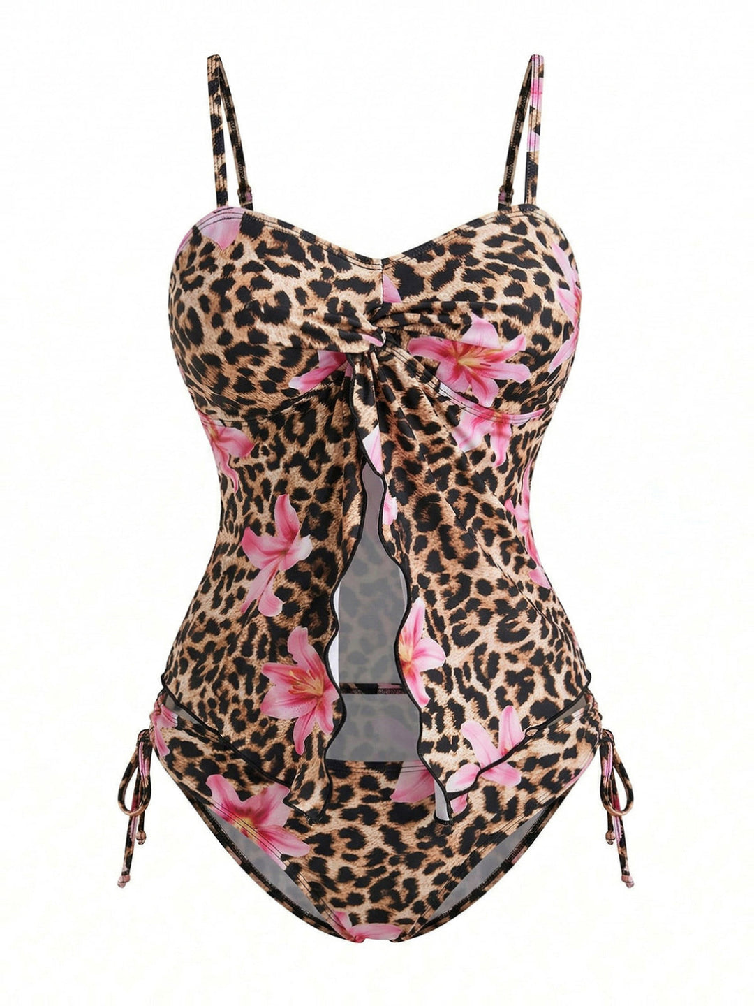 Brown 1940s Leopard Floral Print Front Cutout Tankini Set: beautiful vintage fashion, retro style, classic elegance with timeless appeal