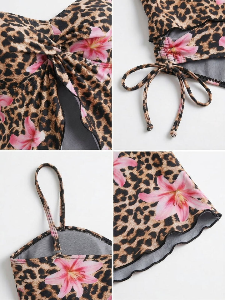Brown 1940s Leopard Floral Print Front Cutout Tankini Set - vintage fashion, retro style, classic elegance for vintage lovers