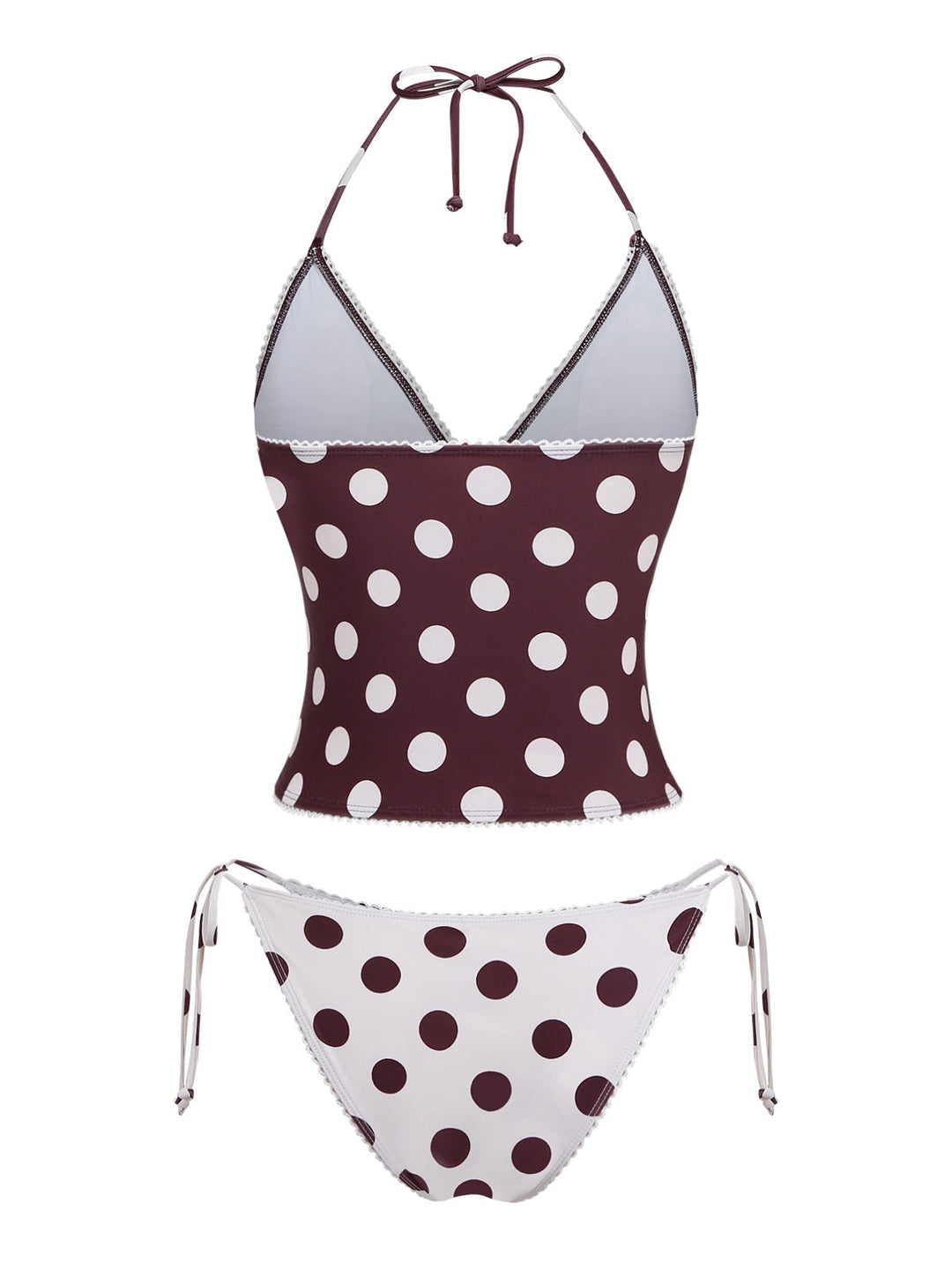 Brown 1940s Polka Dot Deep-V Halter Tankini Set - vintage fashion, retro style