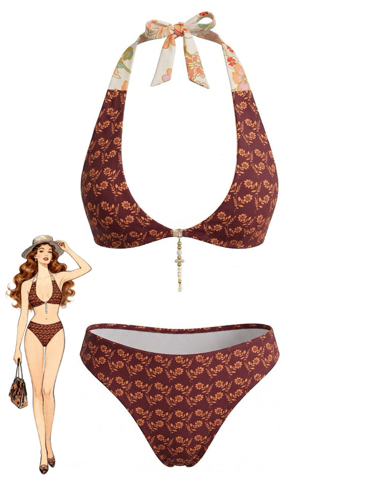 Brown Reversible Flower Halter Bikini Set, vintage swimsuit, swimwear - perfect for women who love vintage and retro fashion