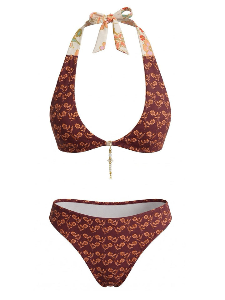 Brown Reversible Flower Halter Bikini Set, vintage swimsuit, swimwear - perfect for women who love vintage and retro fashion