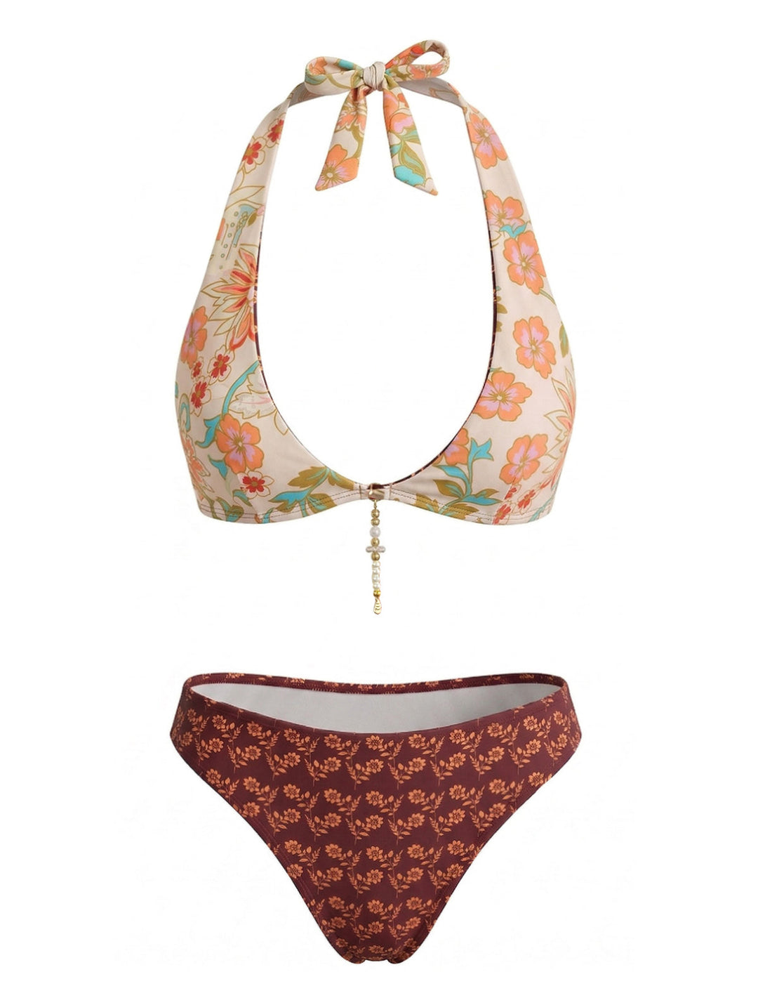Brown Reversible Flower Halter Bikini Set, vintage swimsuit, swimwear - perfect for women who love vintage and retro fashion