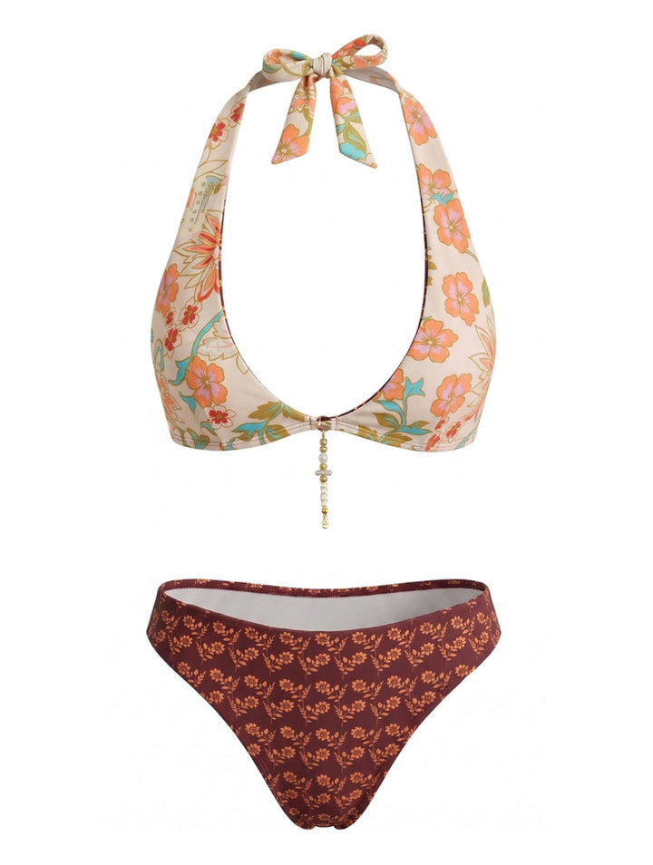 Brown Reversible Flower Halter Bikini Set, vintage swimsuit, swimwear - perfect for women who love vintage and retro fashion