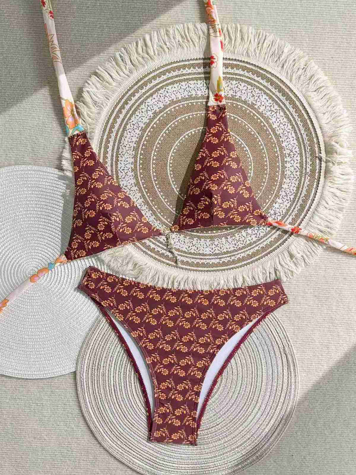 Brown Reversible Flower Halter Bikini Set, vintage swimsuit, swimwear, retro beach style, women, elegant