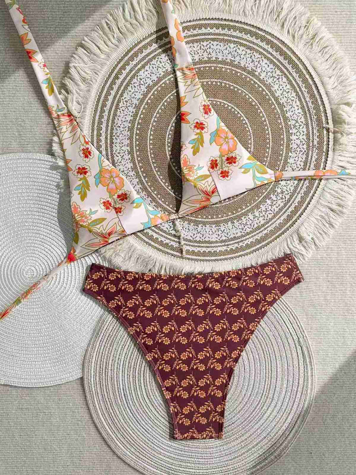 Brown Reversible Flower Halter Bikini Set, vintage swimsuit, swimwear, retro beach style, women, elegant