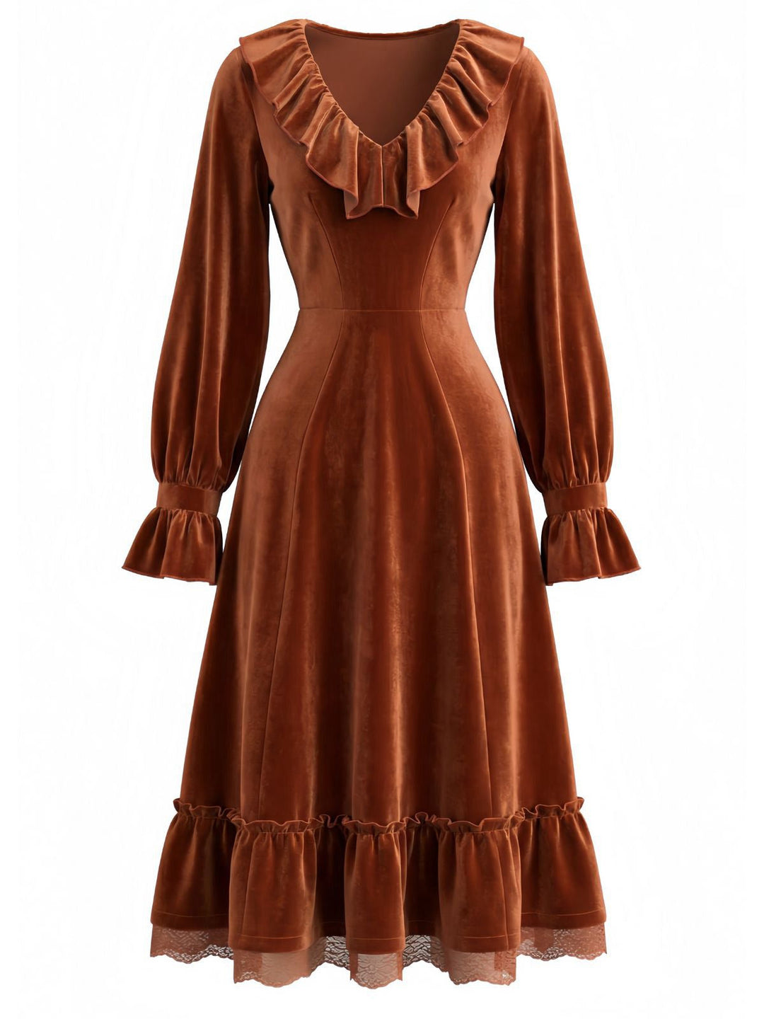 Brown 1940s Solid Corduroy Lace Ruffled Dress - vintage dress, retro fashion