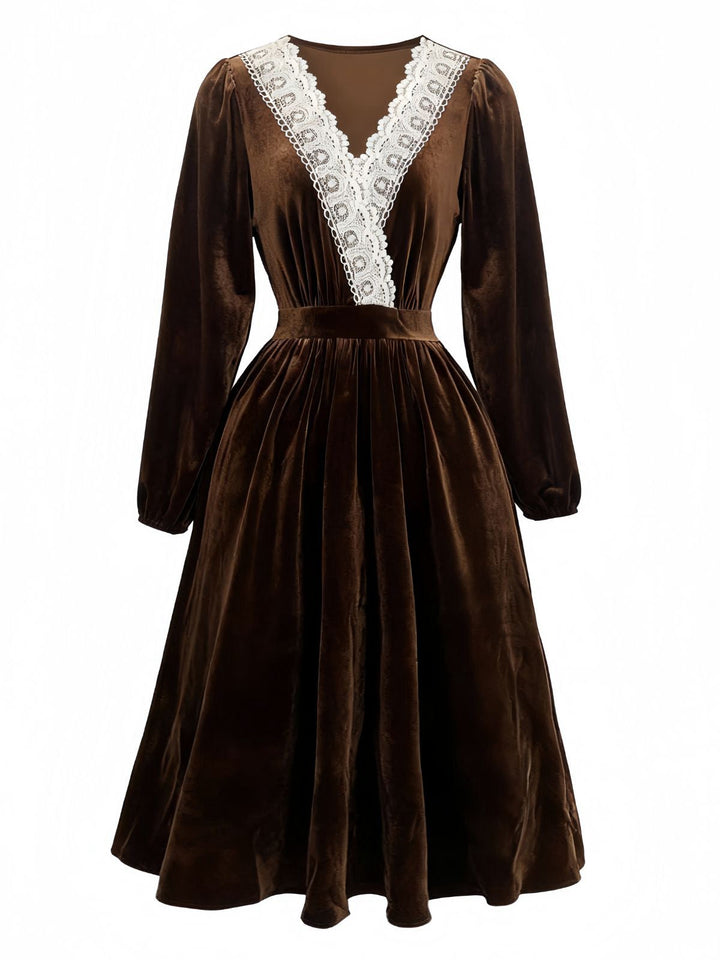 Brown 1940s Solid Lace Patchwork Velvet Dress - vintage dress, retro fashion