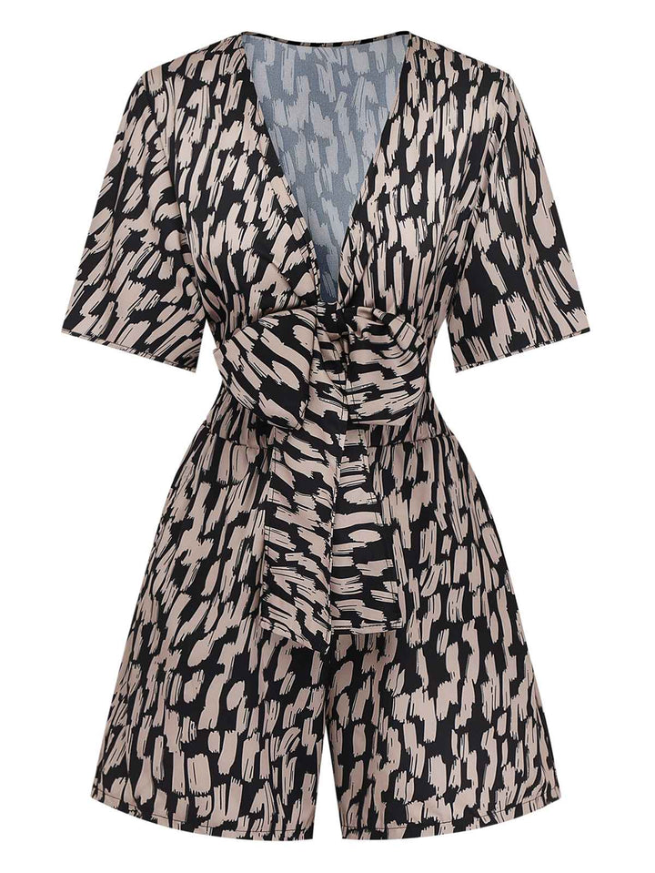 Brown 1940s V-Neck Leopard Satin Bind Romper - vintage jumpsuit, retro fashion