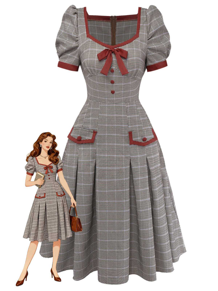 Brown 1950s Bow Houndstooth Pleated Dress - vintage dress, retro fashion, rockabilly