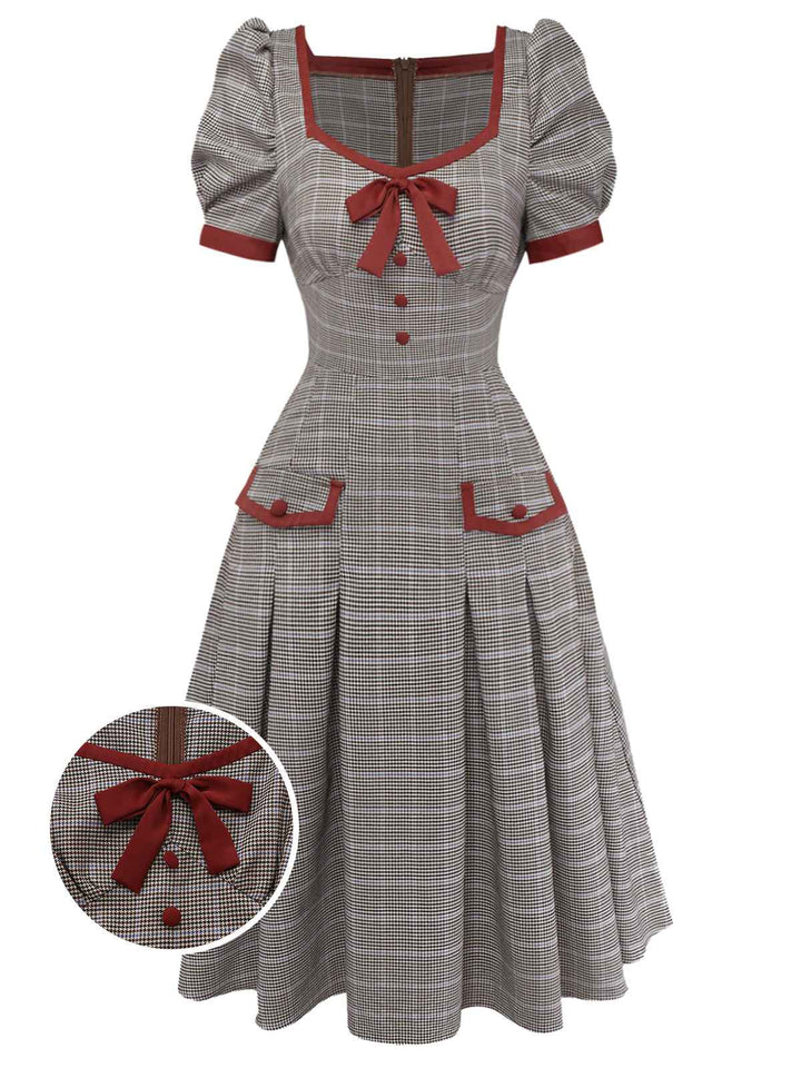 Brown 1950s Bow Houndstooth Pleated Dress - vintage dress, retro fashion, rockabilly