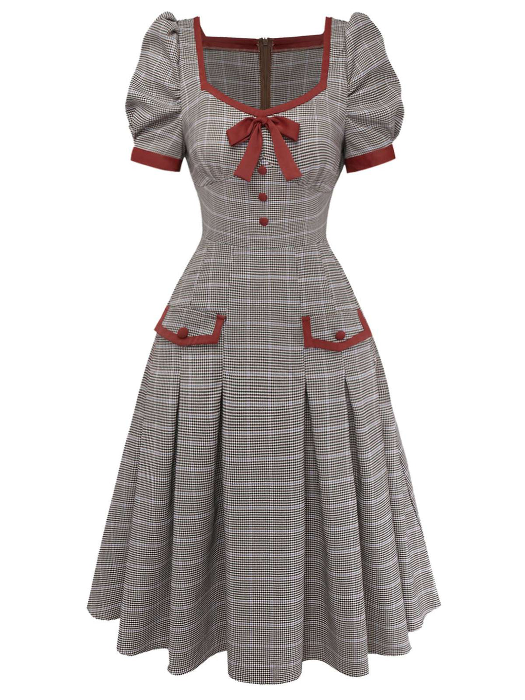 Brown 1950s Bow Houndstooth Pleated Dress - vintage dress, retro fashion, rockabilly