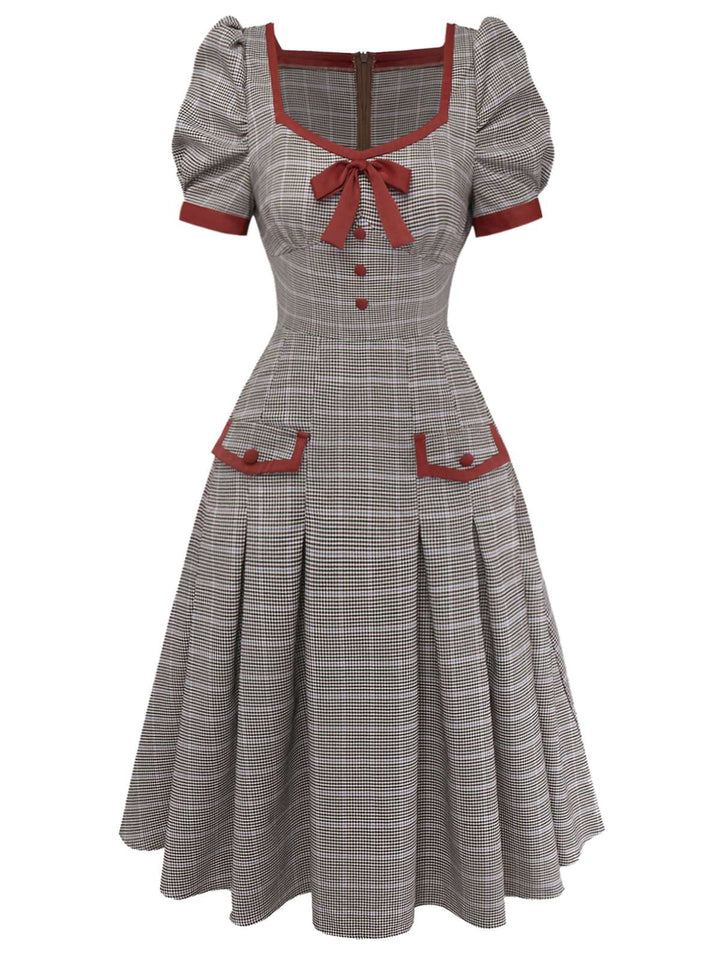 Brown 1950s Bow Houndstooth Pleated Dress - vintage dress, retro fashion, rockabilly