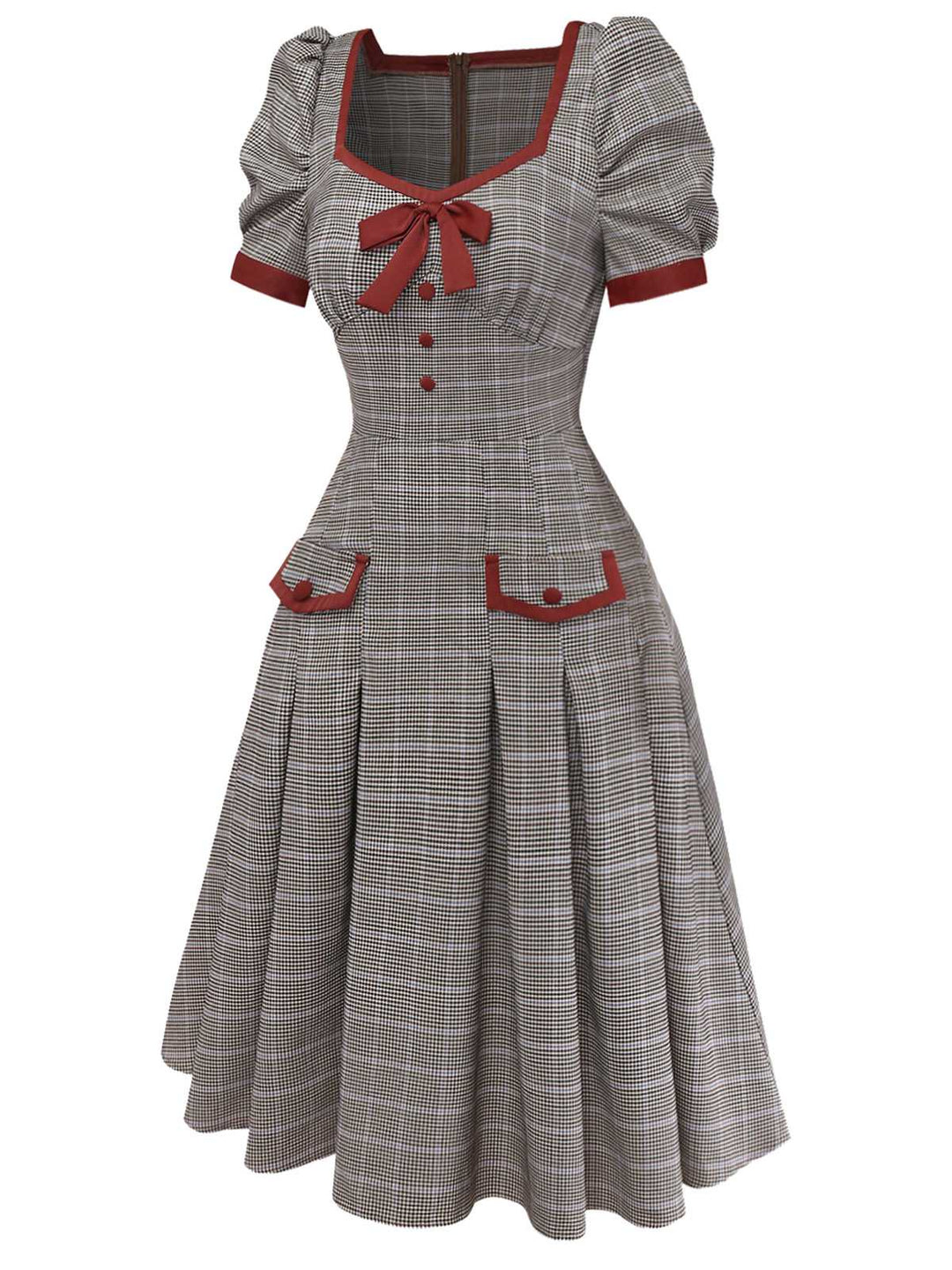 Brown 1950s Bow Houndstooth Pleated Dress - vintage dress, retro fashion, rockabilly