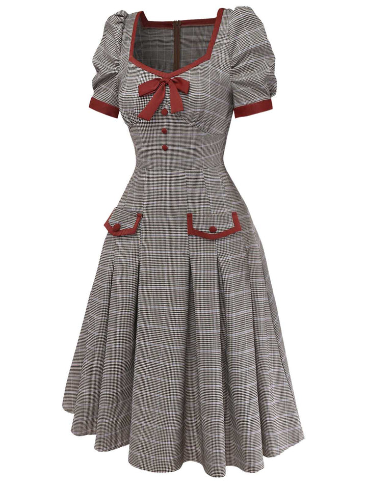 Brown 1950s Bow Houndstooth Pleated Dress - vintage dress, retro fashion, rockabilly