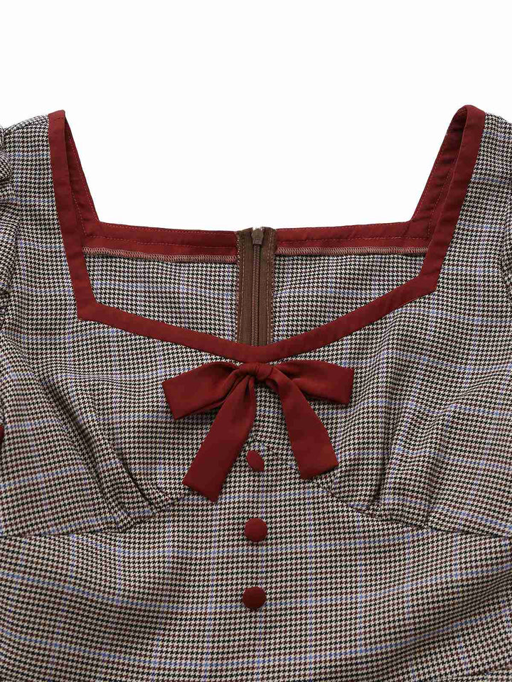 Brown 1950s Bow Houndstooth Pleated Dress - vintage dress, retro fashion, rockabilly