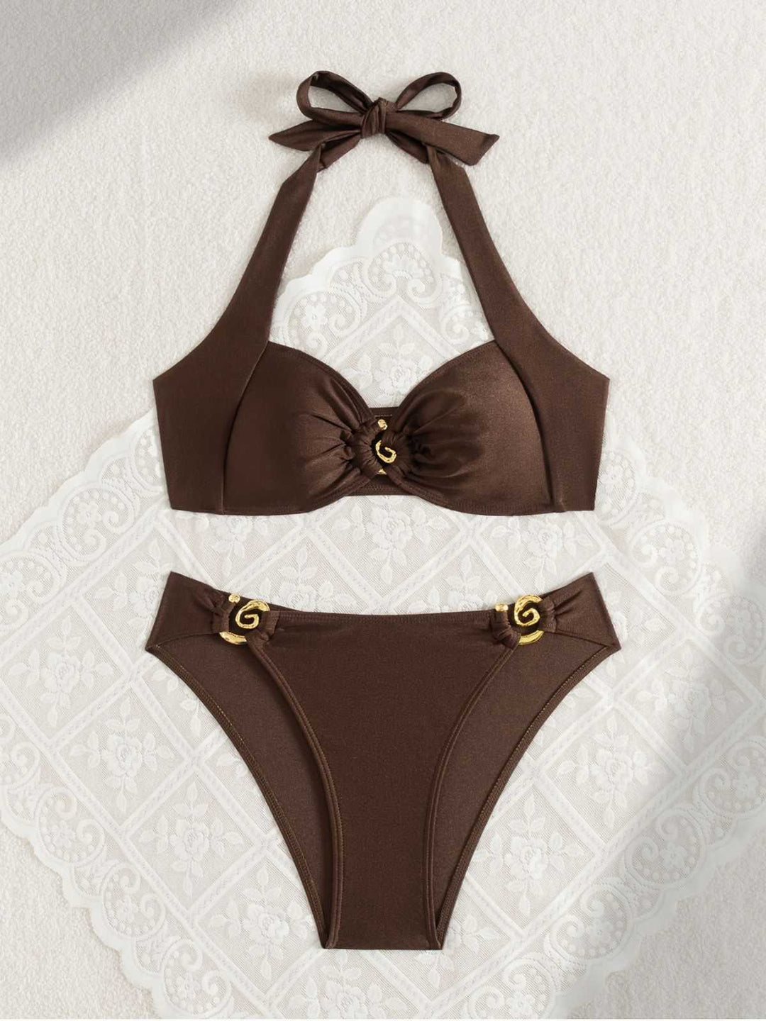 Brown 1950s Golden Ring Halter Bikini Set - vintage fashion, retro style, glamorous gold