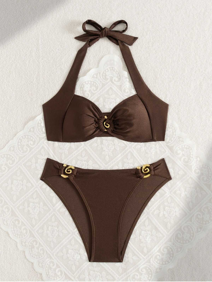 Brown 1950s Golden Ring Halter Bikini Set - vintage fashion, retro style, glamorous gold